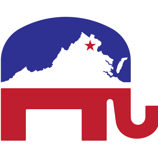The Fairfax Republicans elephant mark — the elephant's body is the Virginia state outline, with a red star marking Fairfax County.
